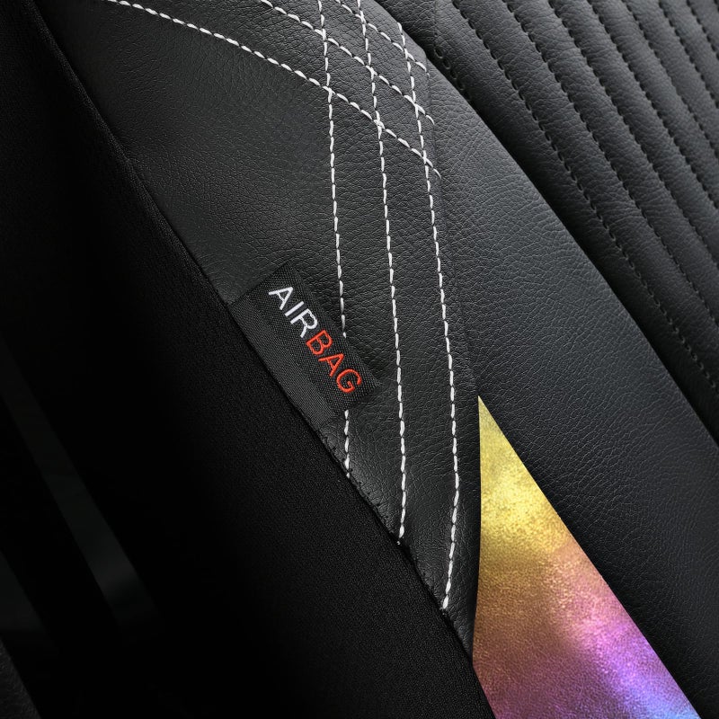 Flying Banner Synthetic Leather car seat Covers Full Set Front and Rear Bench Fashion Easy Installation Cup Holder Free (Black & Rainbow Color, Low Bucket - Full Set) - Image 5