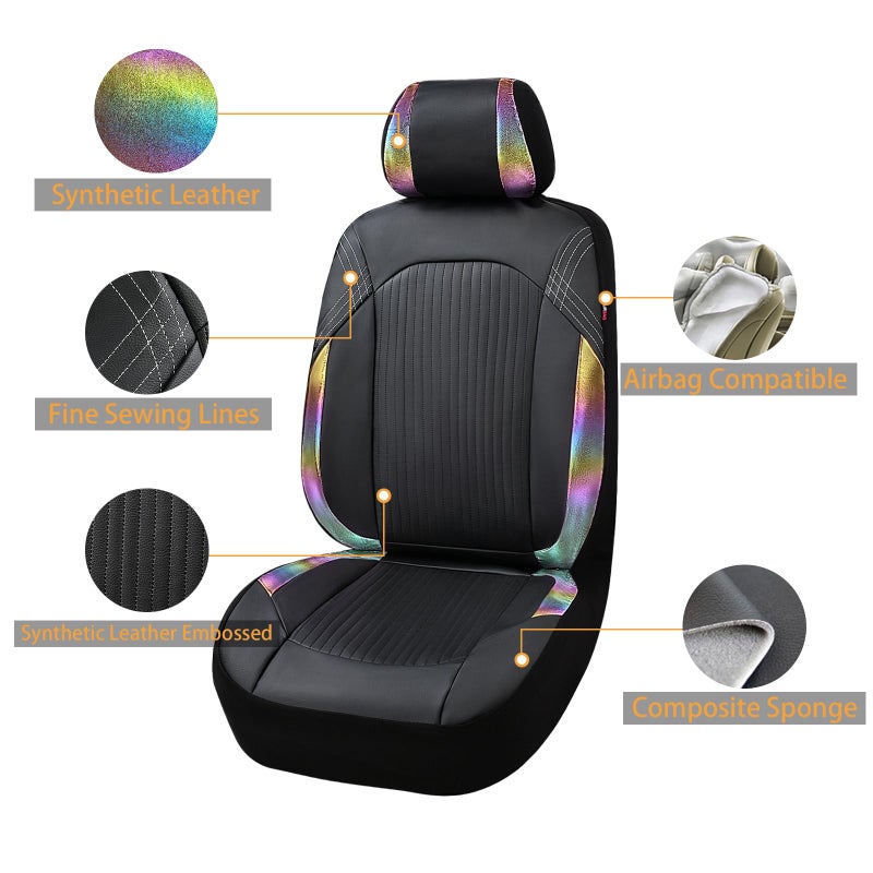 Flying Banner Synthetic Leather car seat Covers Full Set Front and Rear Bench Fashion Easy Installation Cup Holder Free (Black & Rainbow Color, Low Bucket - Full Set) - Image 2