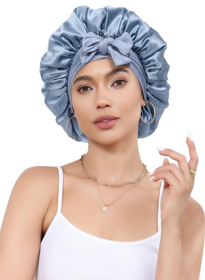 CHLINS Silk Bonnet for Sleeping 100% Mulberry Women Double Layer Sleep Cap with Adjustable Elastic Band Silk Hair Wrap(Mist Blue+Sky Blue) - Image 1