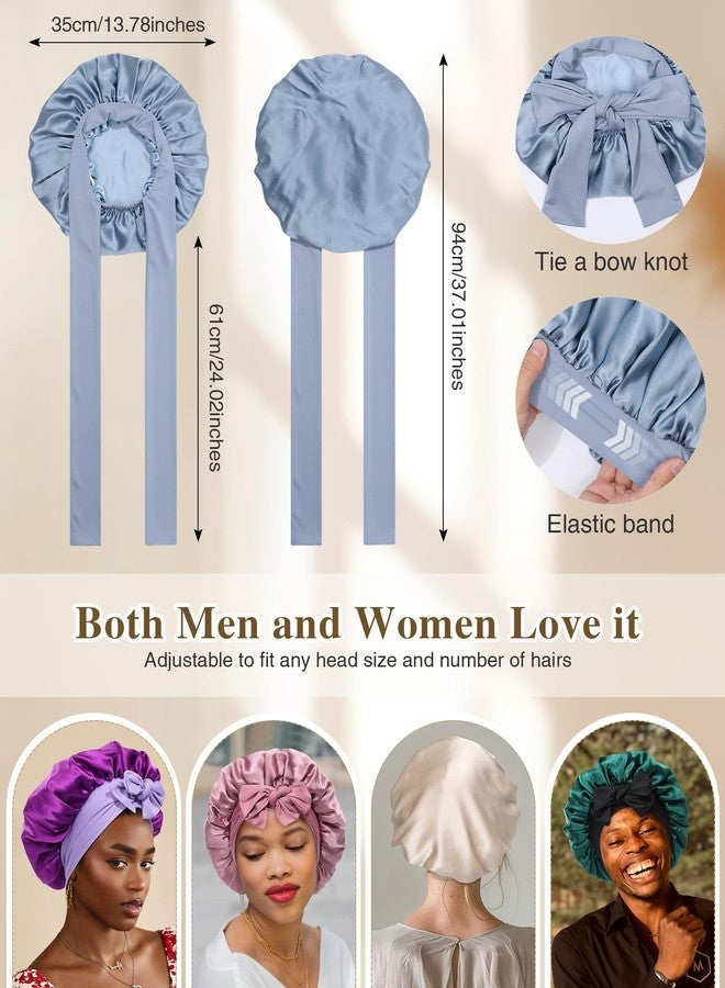 CHLINS Silk Bonnet for Sleeping 100% Mulberry Women Double Layer Sleep Cap with Adjustable Elastic Band Silk Hair Wrap(Mist Blue+Sky Blue) - Image 2