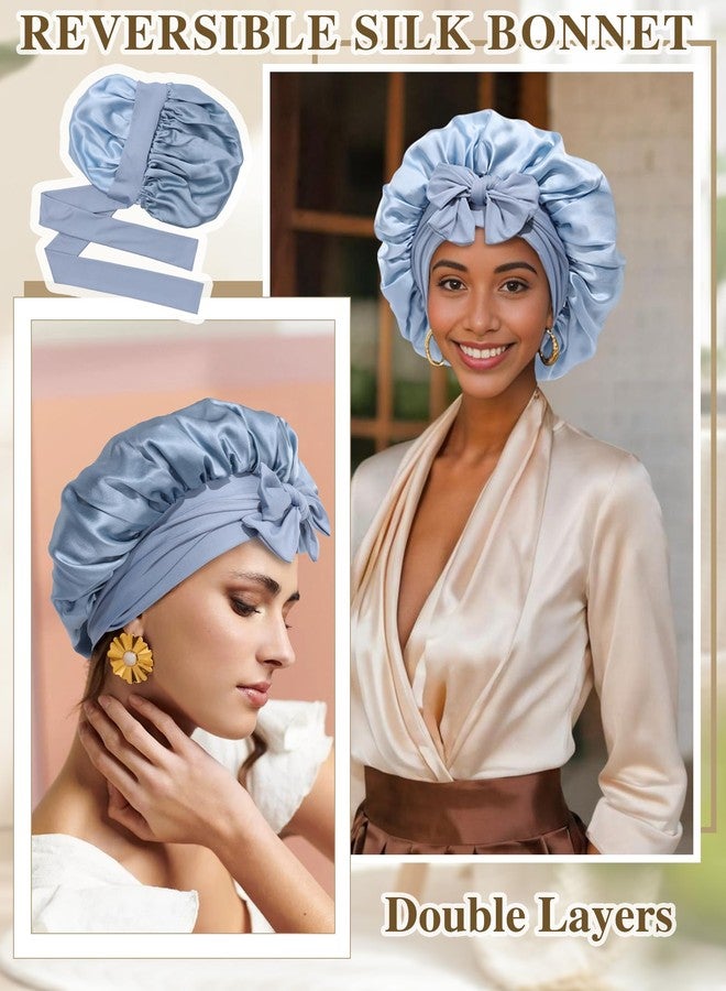 CHLINS Silk Bonnet for Sleeping 100% Mulberry Women Double Layer Sleep Cap with Adjustable Elastic Band Silk Hair Wrap(Mist Blue+Sky Blue) - Image 3