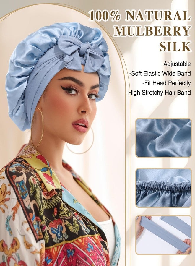 CHLINS Silk Bonnet for Sleeping 100% Mulberry Women Double Layer Sleep Cap with Adjustable Elastic Band Silk Hair Wrap(Mist Blue+Sky Blue) - Image 4