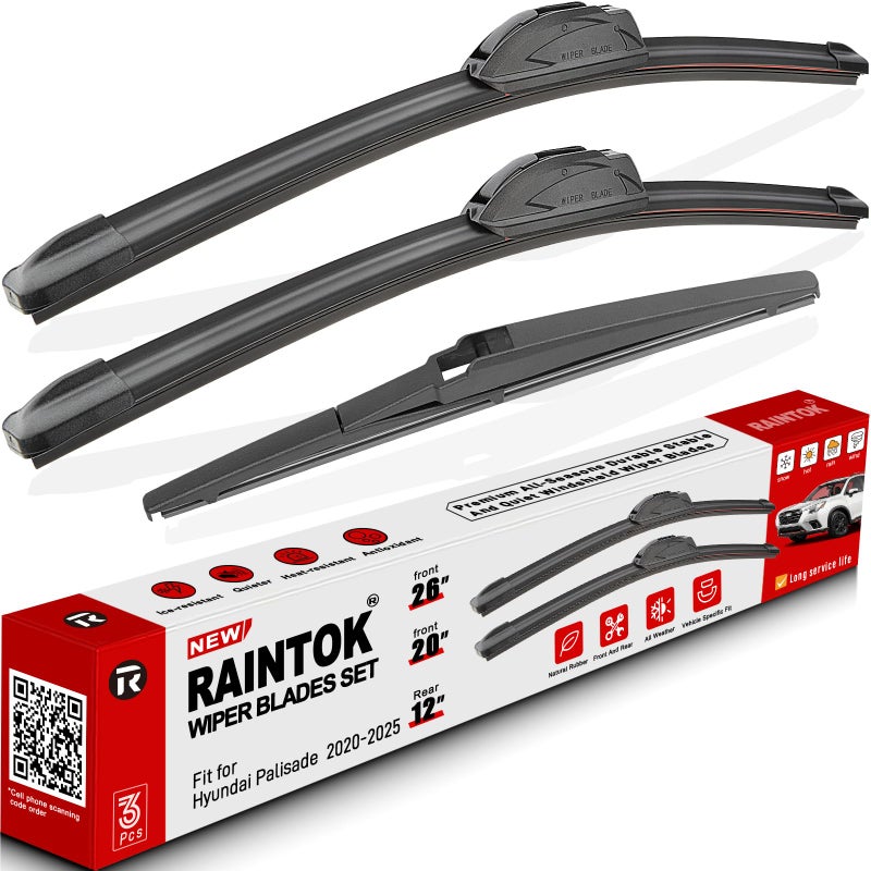 RAINTOK Windshield Wiper Blades Replacement for Hyundai Palisade 2020 2021 2022 2023 Original Factory Quality Front Rear Wipers Blade Set for My Car 26 20 12 Pack of 3
