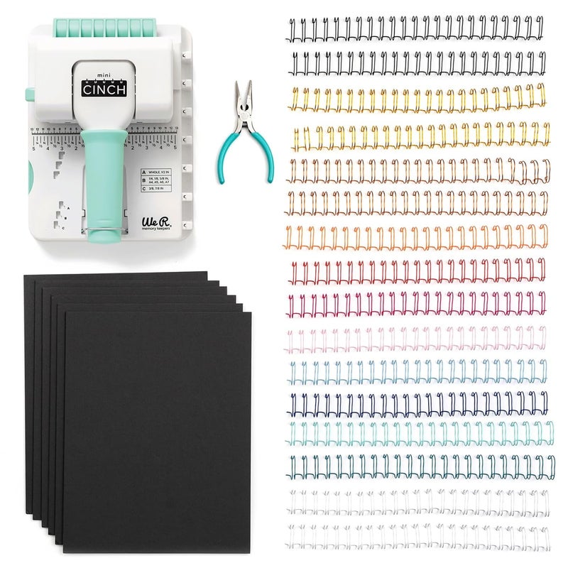 We R Memory Keepers Mini Cinch Bundle Includes Book Binding Machine, 16 Wires, Wire Cutters, and Six Black Bookboards, Easy to Use Design, Ruler, Wire or Spiral Coils, DIY Books, Notebooks, Calendars - Image 1