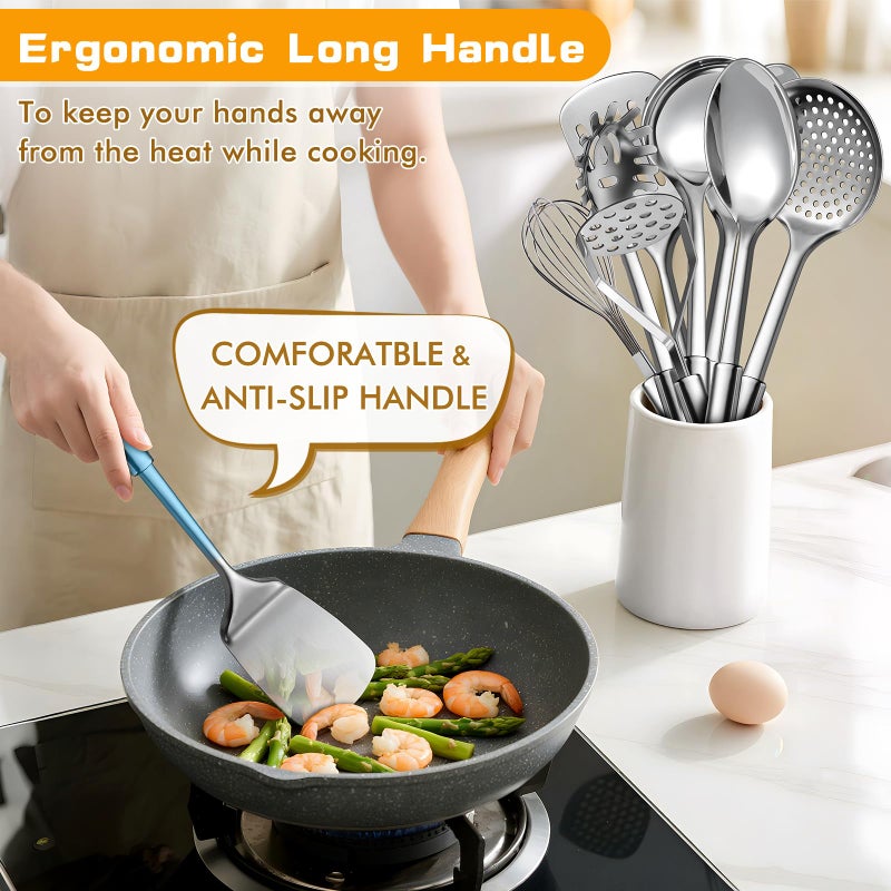 MemoGem 9 Pcs Cooking Utensils Set, Stainless Steel Kitchen Utensils, Heat Resistant Metal Kitchen Tools Include Solid & Slotted Spatula, Serving Spoon, Ladle, Pasta Server,Potato Maseher, Egg Whisk, Silver - Image 4