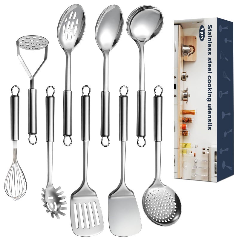 MemoGem 9 Pcs Cooking Utensils Set, Stainless Steel Kitchen Utensils, Heat Resistant Metal Kitchen Tools Include Solid & Slotted Spatula, Serving Spoon, Ladle, Pasta Server,Potato Maseher, Egg Whisk, Silver - Image 1