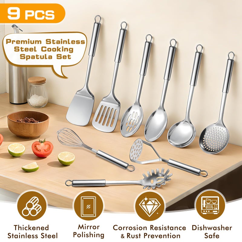 MemoGem 9 Pcs Cooking Utensils Set, Stainless Steel Kitchen Utensils, Heat Resistant Metal Kitchen Tools Include Solid & Slotted Spatula, Serving Spoon, Ladle, Pasta Server,Potato Maseher, Egg Whisk, Silver - Image 3