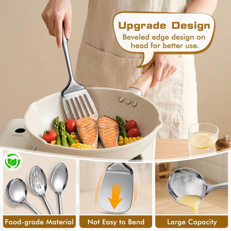 MemoGem 9 Pcs Cooking Utensils Set, Stainless Steel Kitchen Utensils, Heat Resistant Metal Kitchen Tools Include Solid & Slotted Spatula, Serving Spoon, Ladle, Pasta Server,Potato Maseher, Egg Whisk, Silver - Image 5
