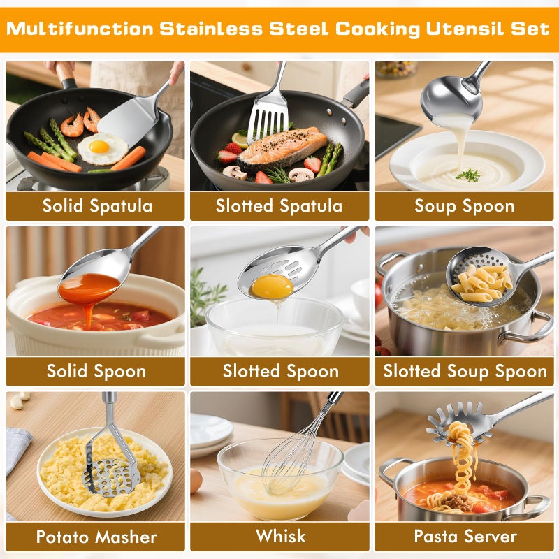 MemoGem 9 Pcs Cooking Utensils Set, Stainless Steel Kitchen Utensils, Heat Resistant Metal Kitchen Tools Include Solid & Slotted Spatula, Serving Spoon, Ladle, Pasta Server,Potato Maseher, Egg Whisk, Silver - Image 2