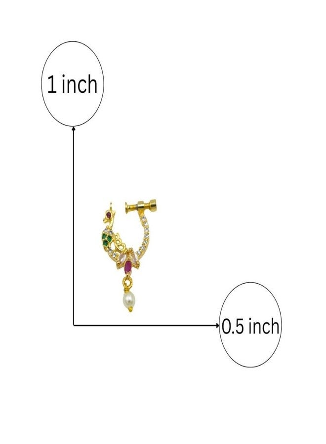 ZEELLO Gold Plated Peacock Maharastian Nose Ring with Pearl Drop, Multicolor Stones, Traditional Jewelry - Image 3