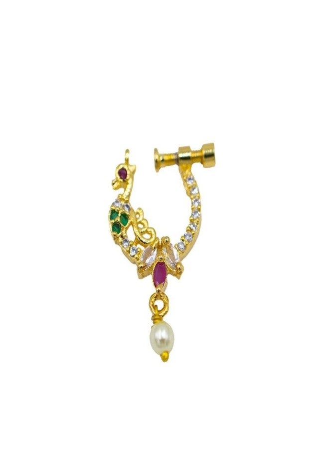 ZEELLO Gold Plated Peacock Maharastian Nose Ring with Pearl Drop, Multicolor Stones, Traditional Jewelry - Image 1