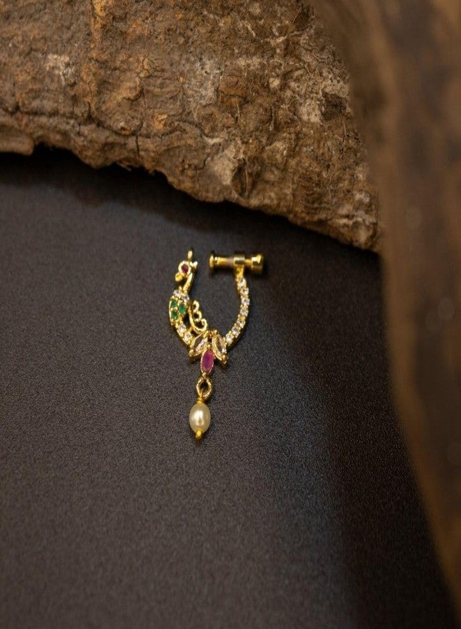 ZEELLO Gold Plated Peacock Maharastian Nose Ring with Pearl Drop, Multicolor Stones, Traditional Jewelry - Image 2