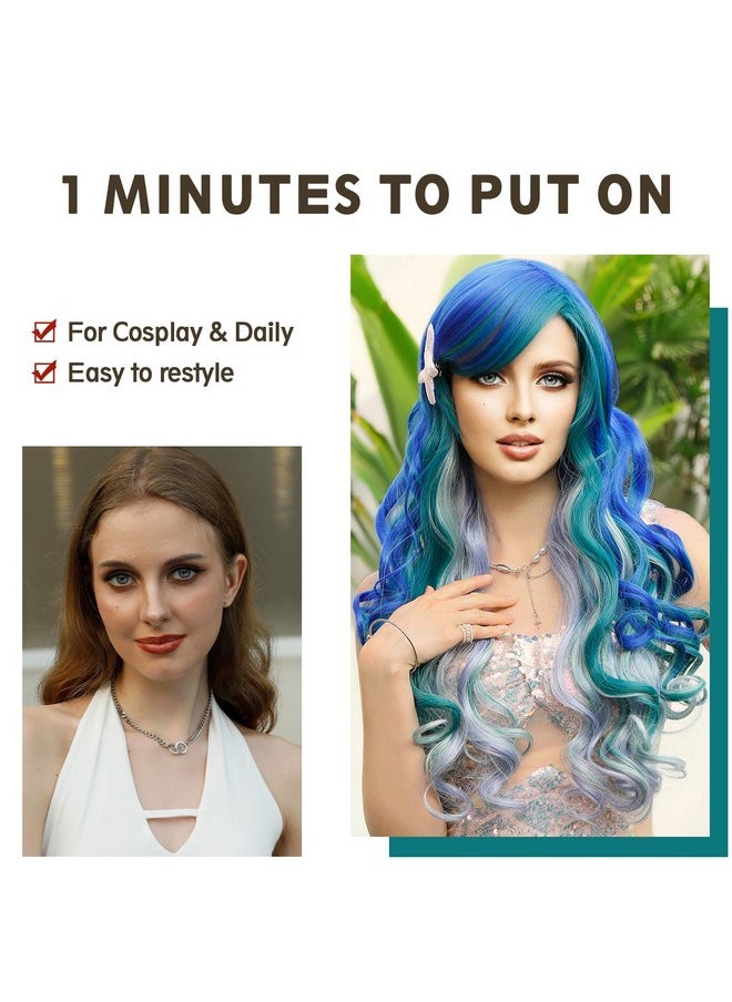 7JHH WIGS Jhh Wigs Long Wavy Costume Wigs Cosplay Mermaid Wig For Women Halloween Party Used High Temperature Heat Resistant Fiber Natural Hairline Cos I Love Lucy Wig (28In Blue Purple Mermaid Ombre Wig)  - Image 4
