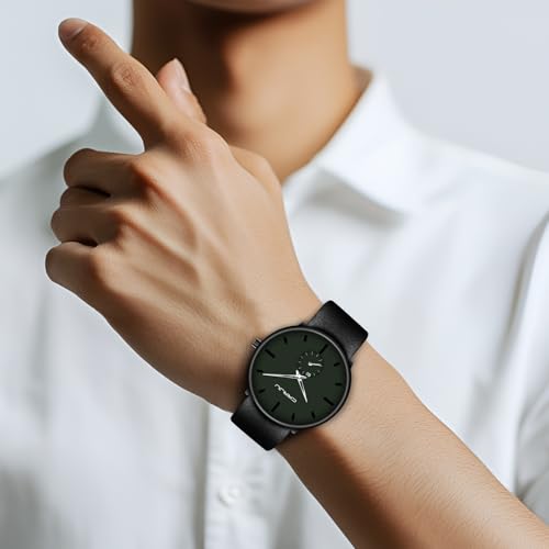 FIZILI Mens Watches Ultra-Thin Minimalist Waterproof-Fashion Wrist Watch for Men Unisex Dress with Leather Band Black Leather Band Light Green Face Silver Hand - Image 3