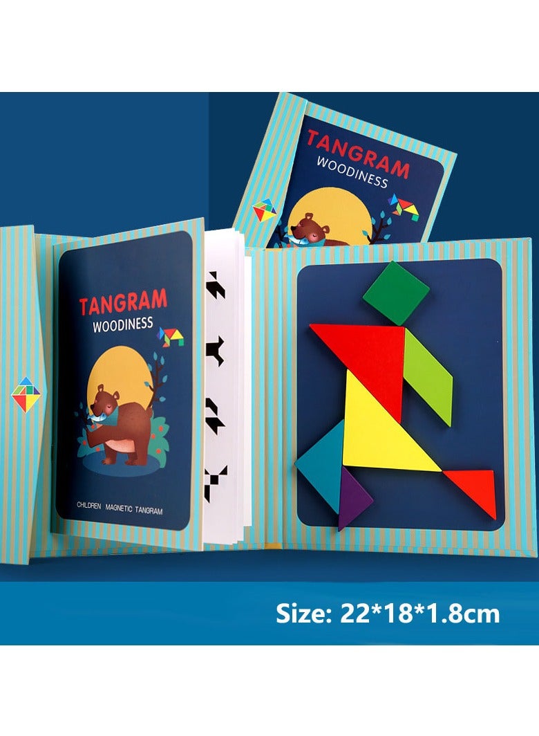 Wooden Pattern Tangram Magnetic Puzzle, Magnetic Pattern Block Book, IQ Educational Toy Gift Brain Teasers - Image 4