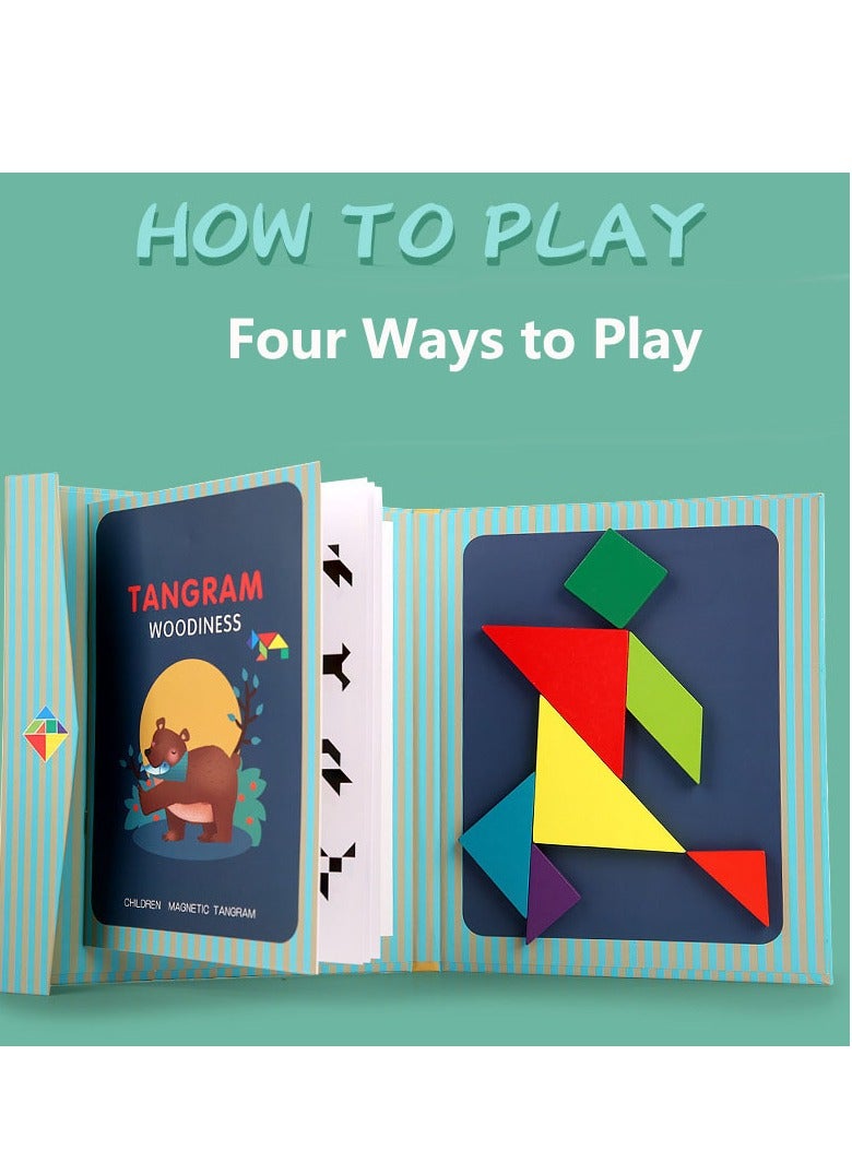 Wooden Pattern Tangram Magnetic Puzzle, Magnetic Pattern Block Book, IQ Educational Toy Gift Brain Teasers - Image 1
