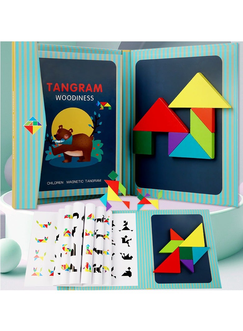 Wooden Pattern Tangram Magnetic Puzzle, Magnetic Pattern Block Book, IQ Educational Toy Gift Brain Teasers - Image 2