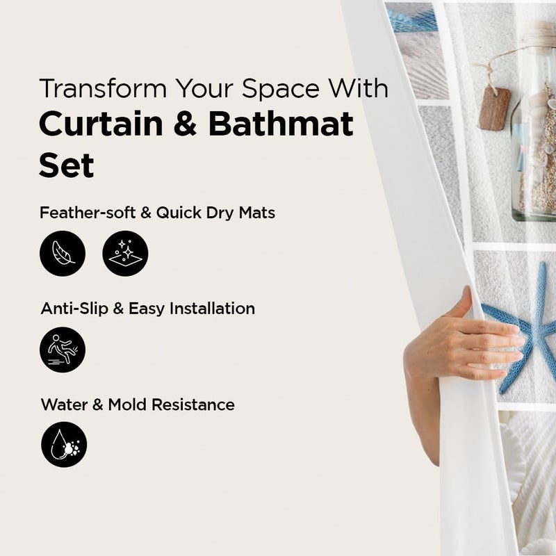 Kuber Industries Kuber Industries Shower Curtain & Bathmat Set | Non-Slip Bath mats for Bathroom | Easy-Slide Curtains | Polyester Curtain or Bathmat for Bath D�cor | XTL329-3T | 3 Pcs Set | Multicolor  - Image 2