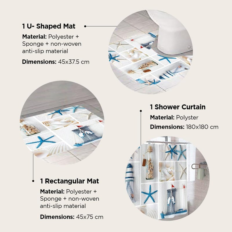 Kuber Industries Kuber Industries Shower Curtain & Bathmat Set | Non-Slip Bath mats for Bathroom | Easy-Slide Curtains | Polyester Curtain or Bathmat for Bath D�cor | XTL329-3T | 3 Pcs Set | Multicolor  - Image 3