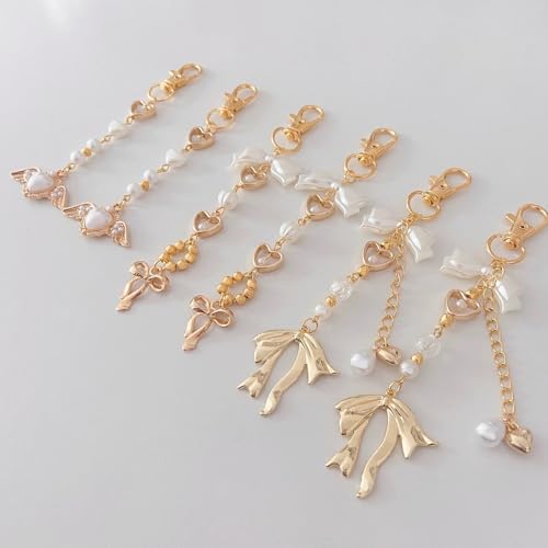 Agromusk Gold Bow Keychain Bag Charms for Women Rose Flower Heart Pearl Beaded Purse Charms Coquette Aesthetic Key Chain Jewelry Elegant Decor Accessories Pendant - Image 5