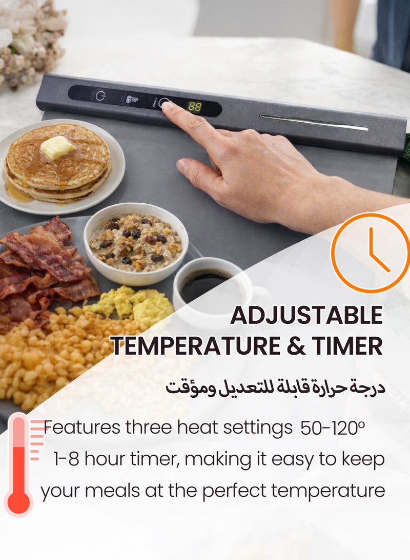 توشيونيكس صينية تسخين كهربائية - حصيرة تسخين طعام سيليكون قابلة للطي مع درجة حرارة قابلة للتعديل ومؤقت (65 × 40 سم، 250 واط) - وسادة تسخين طعام كبيرة للبوفيه لطاولة الطعام وسطح المطبخ، رمادي - Image 3