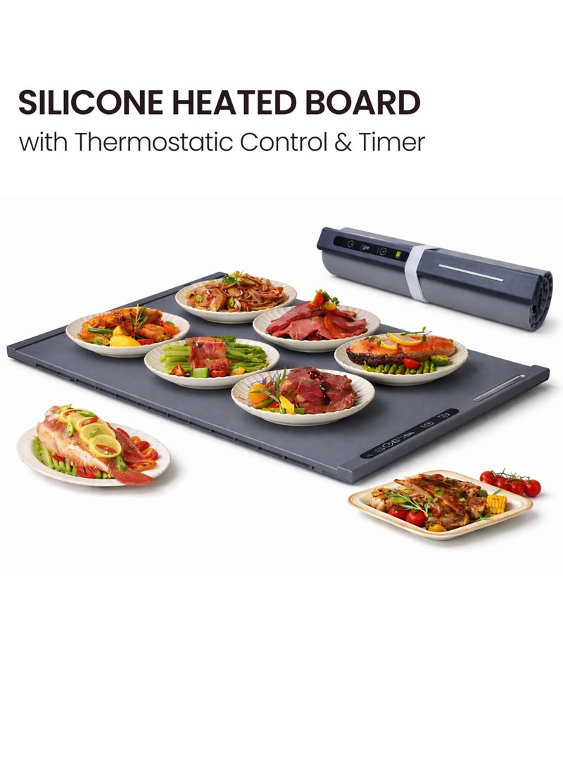 Toshionics Electric Warming Tray – Foldable Silicone Food Warmer Mat with Adjustable Temperature & Timer (65x40cm, 250W) – Large Buffet Food Heating Pad for Dining Table & Countertop, Grey - Image 1