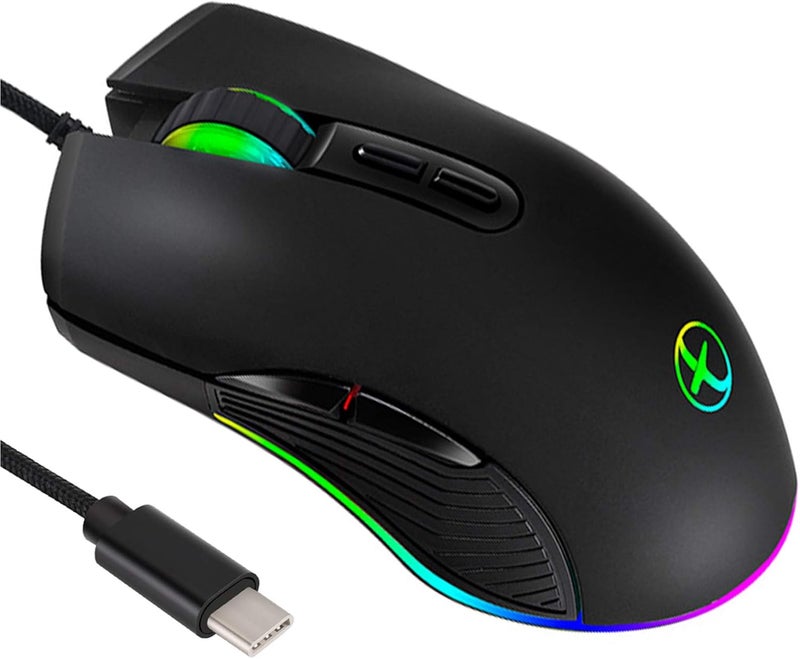 ايولوني فأرة من نوع USB-C، فأرة سلكية USB-C للألعاب، تصميم مريح، إضاءة خلفية RGB بأربعة ألوان، 3200 نقطة في البوصة، متوافقة مع M@c وMatebook وChromebook وHP OMEN وأجهزة الكمبيوتر الشخصية التي تعمل بنظام Windows وأجهزة الكمبيوتر المحمولة والمزيد من أجهزة USB Type-C (اللون الأسود) - Image 1