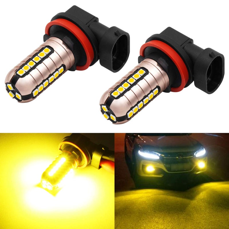 مصابيح ضباب LED H11 بقدرة 3000 لومن باللون الأصفر الذهبي، فائقة السطوع 3030 27-SMD، بديل لمصابيح DRL أو مصابيح الضباب، 3000K أصفر