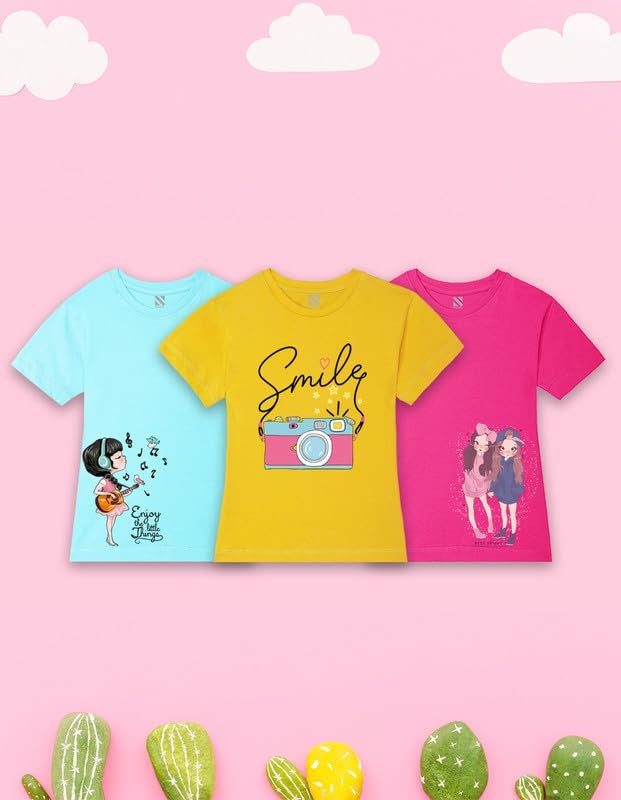 Nusyl Girls Hot Pink & Sky Blue & Yellow Cute Girls Printed Half Sleeves T-Shirt Pack of 3 - Image 2