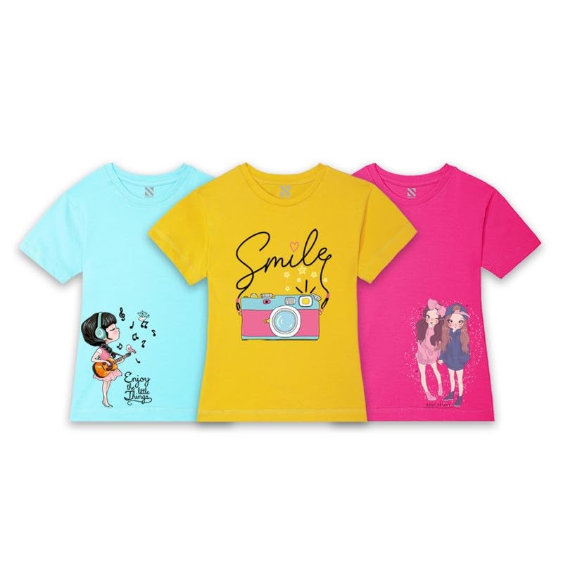 Nusyl Girls Hot Pink & Sky Blue & Yellow Cute Girls Printed Half Sleeves T-Shirt Pack of 3 - Image 1