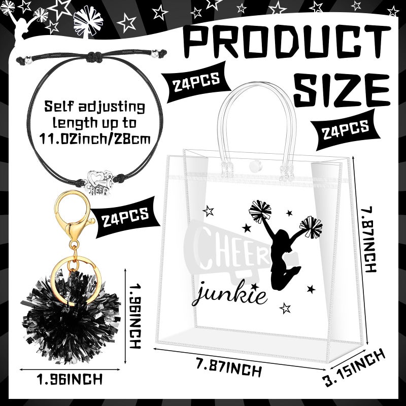 Landical 72 Pcs Cheerleading Gifts Set 24 Cheer Bags 24 Pom Pom Keychain 24 Cheerleader Bracelet, PVC Transparent Tote Bags Bulk Accessories for Women Teammate Team Coach Gift(Black) - Image 2