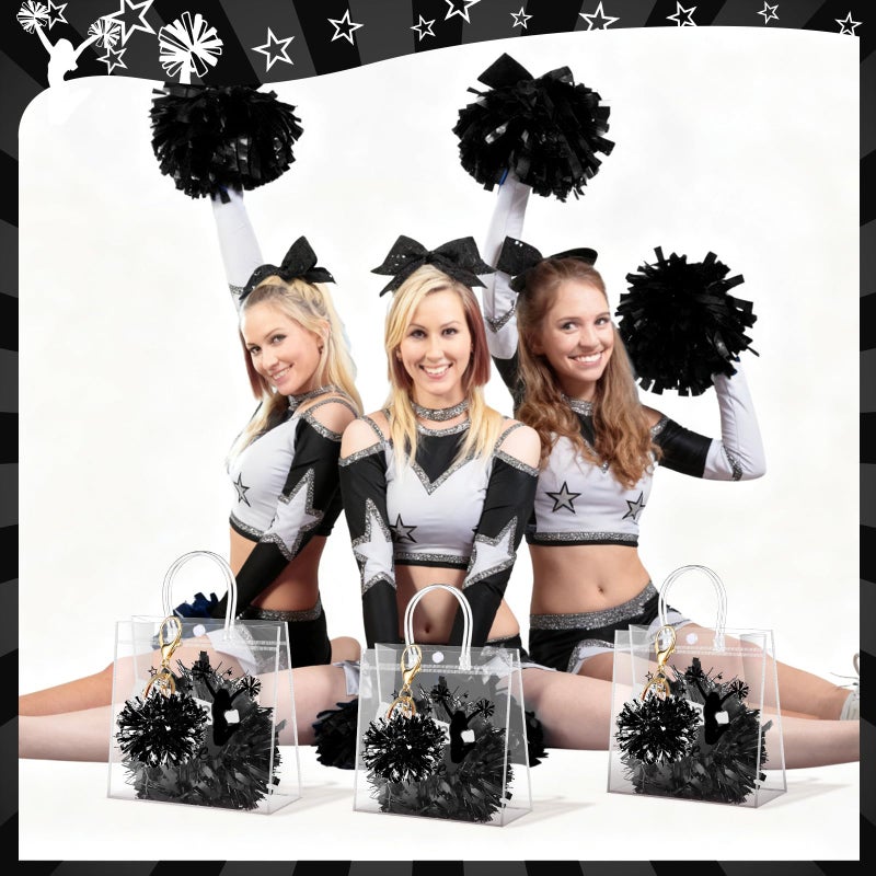 Landical 72 Pcs Cheerleading Gifts Set 24 Cheer Bags 24 Pom Pom Keychain 24 Cheerleader Bracelet, PVC Transparent Tote Bags Bulk Accessories for Women Teammate Team Coach Gift(Black) - Image 4