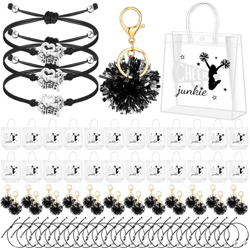 Landical 72 Pcs Cheerleading Gifts Set 24 Cheer Bags 24 Pom Pom Keychain 24 Cheerleader Bracelet, PVC Transparent Tote Bags Bulk Accessories for Women Teammate Team Coach Gift(Black) - Image 1