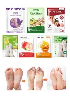 efero 7 Pieces Foot Peeling and Exfoliating Mask, Dead Skin Removing Sock - Rose, Avocado, Orange, Peach, Lavender, Olive, Aloe Vera  - Image 1