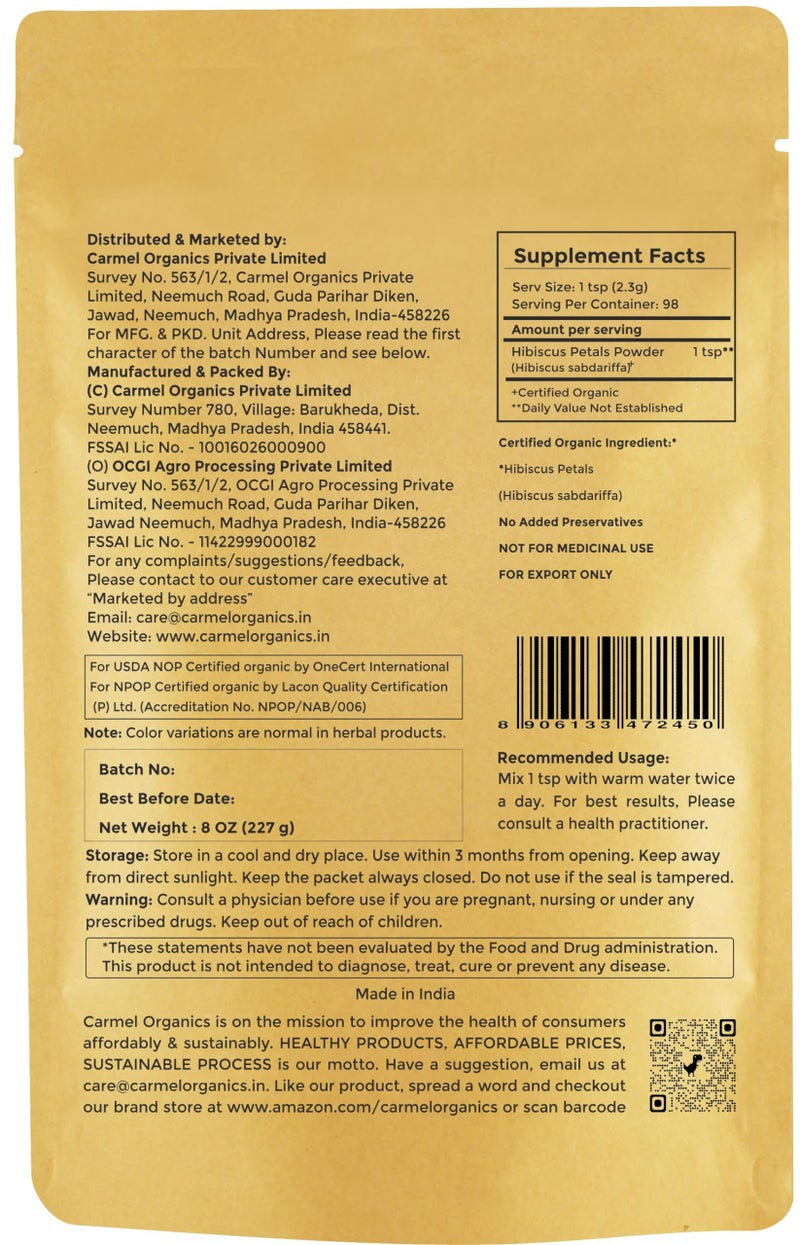 CARMEL ORGANICS CARMEL ORGANICS Hibiscus Petals Powder 8 Ounce or 0.5 Lb(Pack of 1) | USDA Certified Organic| Non GMO & Gluten Free | Rich in Vitamin C | Indian Origin Hibiscus Petals Powder  - Image 2