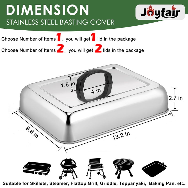 Joyfair 2Pcs Basting Cover Melting Dome for Griddle (13 x 9.8"), Joyfair Rectangular Stainless Steel Cheese Melt Lid for Outdoor Flat Top Grill, Heat-Resistant Handle & Dishwasher Safe (No Vent) - Image 2