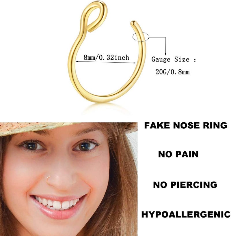 Earmark 20G 5Pcs Adjustable 8MM Fake Nose Rings Hoop in High Polished Surgical Steel | Diameter 8MM | Color Gold - Silver - Black - Rainbow - Image 2