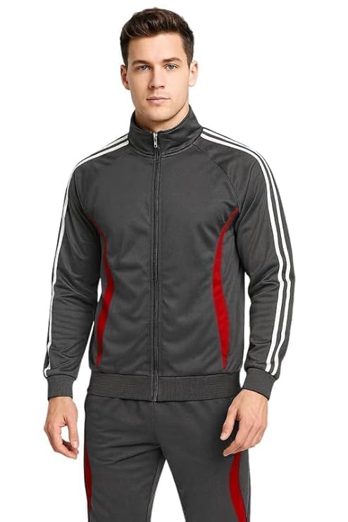 Krystle Men’s 2-Piece Track Suit – Zip-Up Jacket and Pants, Grey with Red Panels and White Stripes (Grey,Large) - Image 1