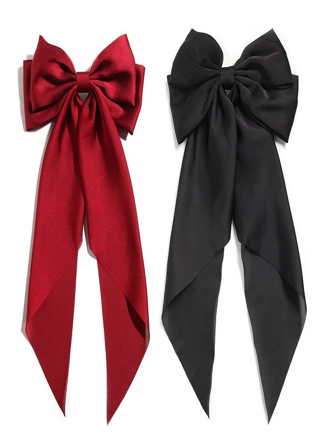 WHISKET Big Satin Layered Hair Bows for Women Girls Barrette Hair Clip Long Ribbon Bows Style Hair Accessories [PACK OF 2] (RED) - Image 5