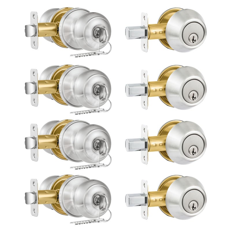 Plustool 4 Pack Exterior Door Lock Set, Satin Nickel Door Knob and Deadbolt Combo Set, Keyed Alike Entry Door Knobs with Lock&Keys, Round Ball Door Locksets with Deadbolt for Entrance and Front Door - Image 1