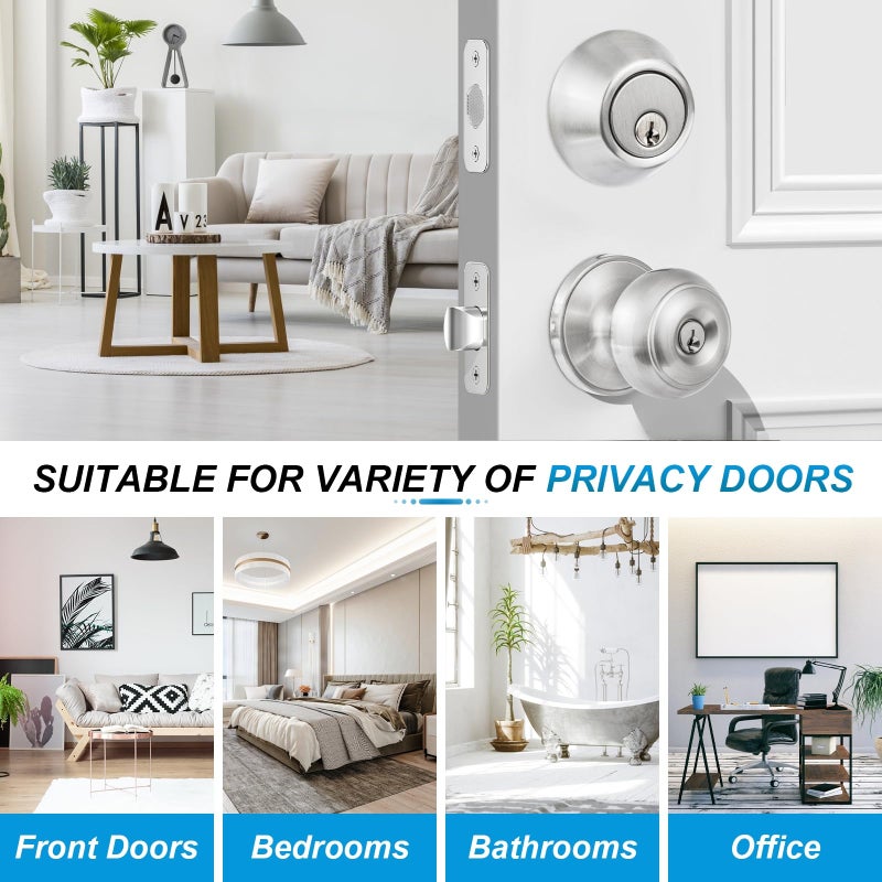 Plustool 4 Pack Exterior Door Lock Set, Satin Nickel Door Knob and Deadbolt Combo Set, Keyed Alike Entry Door Knobs with Lock&Keys, Round Ball Door Locksets with Deadbolt for Entrance and Front Door - Image 5