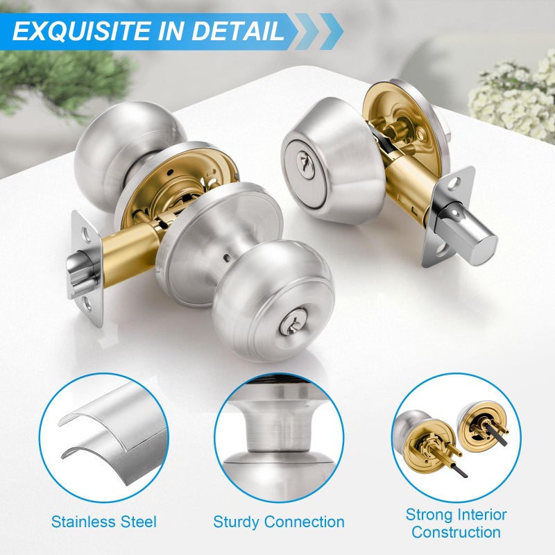 Plustool 4 Pack Exterior Door Lock Set, Satin Nickel Door Knob and Deadbolt Combo Set, Keyed Alike Entry Door Knobs with Lock&Keys, Round Ball Door Locksets with Deadbolt for Entrance and Front Door - Image 2