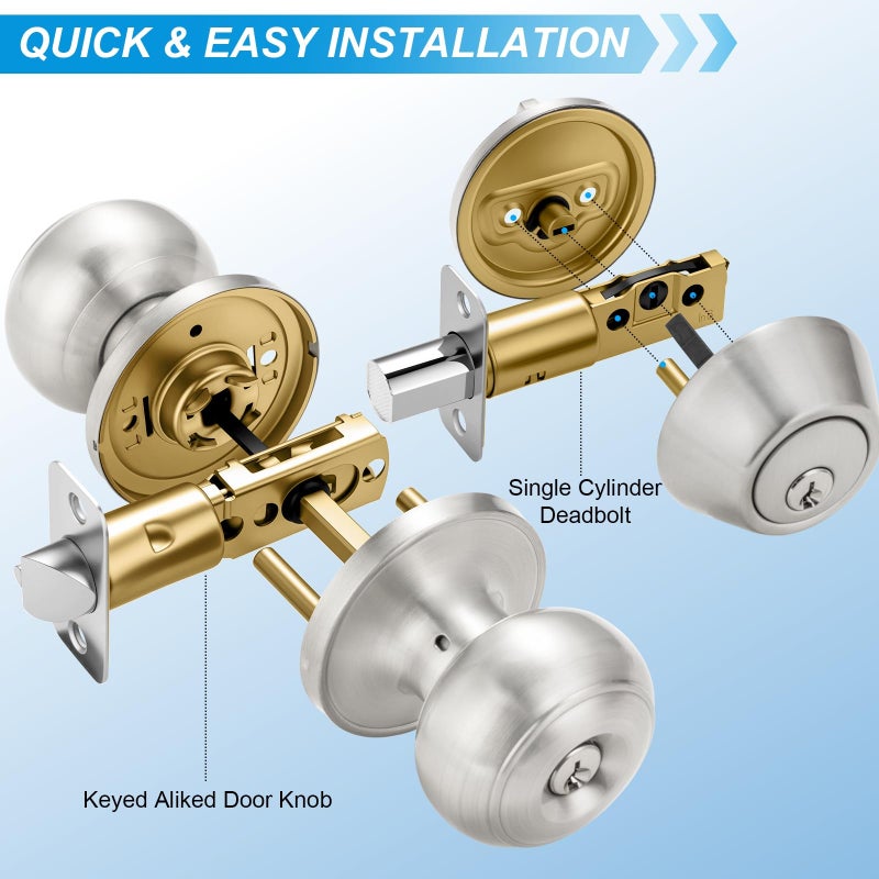 Plustool 4 Pack Exterior Door Lock Set, Satin Nickel Door Knob and Deadbolt Combo Set, Keyed Alike Entry Door Knobs with Lock&Keys, Round Ball Door Locksets with Deadbolt for Entrance and Front Door - Image 4