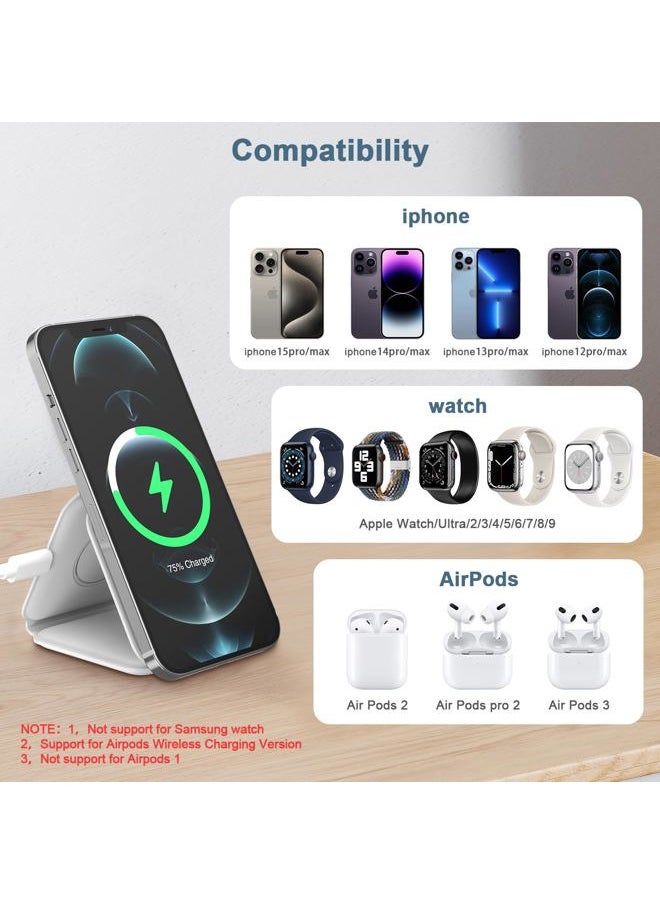 3 in 1 Foldable Wireless Charger, Ankilo Magsafe Charger Charging Station for Multple Devices,Travel Charger for iPhone 15/14/13/12 Series, iWatch, AirPods Pro(Adapter not Included)