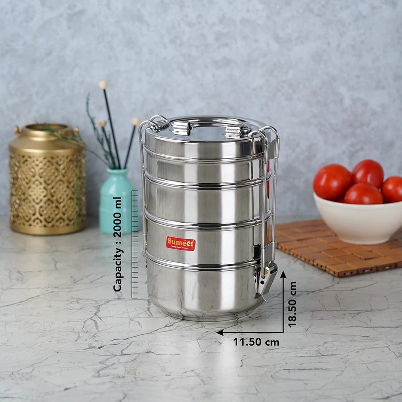 Sumeet Stainless Steel 4 Compartment Lunch Box/Tiffin with Lid and Handle, 11.5Cm Dia, (2000ML, Silver) - Image 4