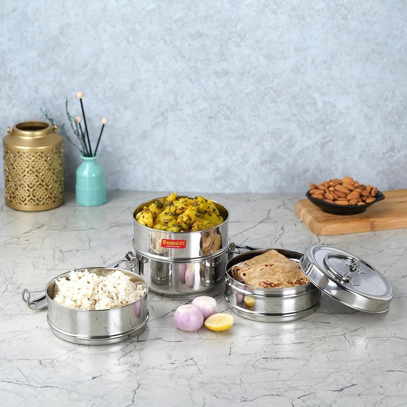 Sumeet Stainless Steel 4 Compartment Lunch Box/Tiffin with Lid and Handle, 11.5Cm Dia, (2000ML, Silver) - Image 3