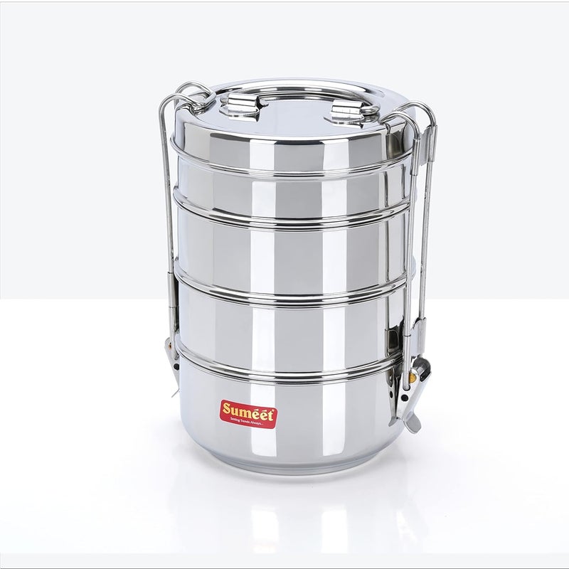 Sumeet Stainless Steel 4 Compartment Lunch Box/Tiffin with Lid and Handle, 11.5Cm Dia, (2000ML, Silver) - Image 1