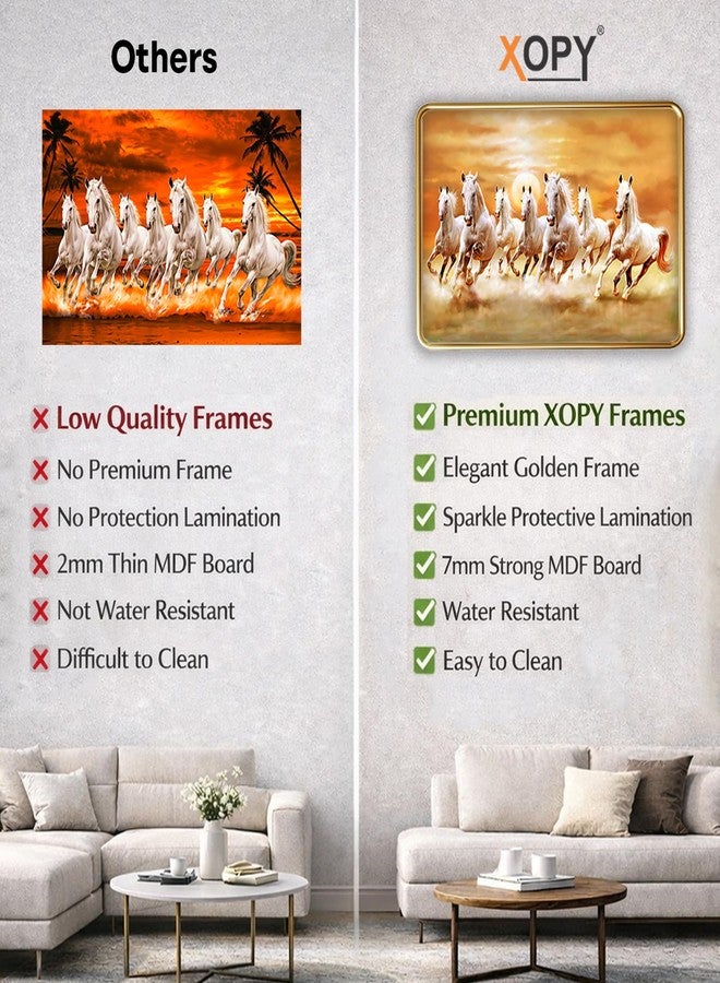 XOPY Seven Running Horses with Golden Frame | Vastu 7 horses Raw Pyrite Painting for Home, Office & Living Room Wall Decore | 12X18 Inch Sparkle Laminated Frame | Best For Gifting (3056, 12X18) - Image 4