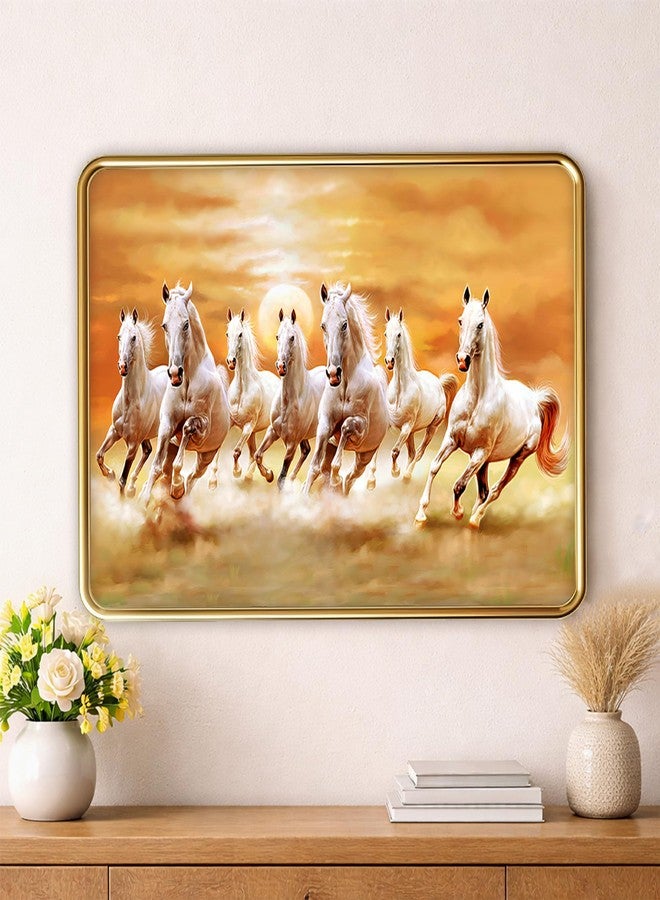 XOPY Seven Running Horses with Golden Frame | Vastu 7 horses Raw Pyrite Painting for Home, Office & Living Room Wall Decore | 12X18 Inch Sparkle Laminated Frame | Best For Gifting (3056, 12X18) - Image 1