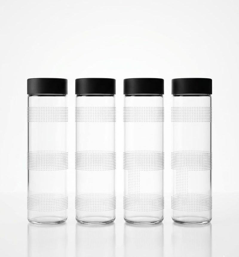 Vency Glass juice glass bottle Fridge Water Bottle with Black Plastic Cap | Set Wide Mouth| with AirTight Leak Proof Reusable Black Plastic Lids | Juicing, Smoothies | Reusable (750ml)(Set of 4) - Image 1